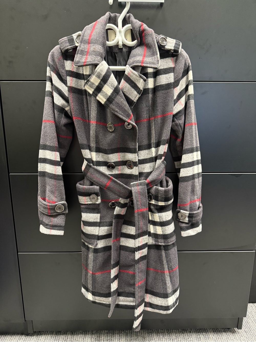 Burberry Gray Plaid Double-Breasted Trench Coat with Red Accents